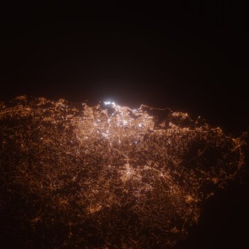 San Juan (Puerto Rico, USA) street lights map. Satellite view on modern city at night. Imitation of aerial view on roads network. 3d render