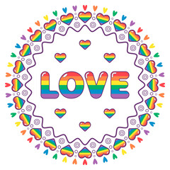 LGBTQ colorful illustration with love word and rainbow hearts. Vector element