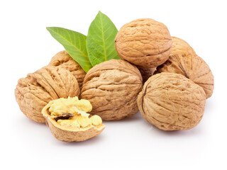 Walnuts with leaves isolated on a white background