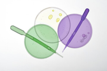 Liquid samples in laboratory glassware on white background