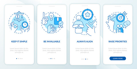 Components of communication blue onboarding mobile app screen. Selling walkthrough 4 steps editable graphic instructions with linear concepts. UI, UX, GUI template. Myriad Pro-Bold, Regular fonts used