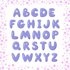 Cute hand drawn English alphabet with bubbles in the background for kids. Creative children's cartoon style font for learning letters and decorating.