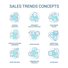 Sales trends turquoise concept icons set. Ecommerce industry idea thin line color illustrations. Customer experience. Isolated symbols. Editable stroke. Roboto-Medium, Myriad Pro-Bold fonts used