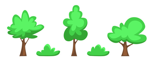 Set of illustrations of trees and bushes. Vector illustration in cartoon style
