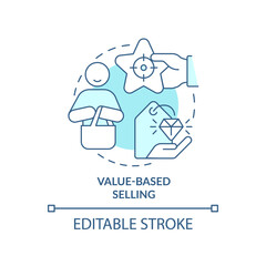 Value-based selling turquoise concept icon. Sales trend abstract idea thin line illustration. Wise purchase decisions. Isolated outline drawing. Editable stroke. Arial, Myriad Pro-Bold fonts used