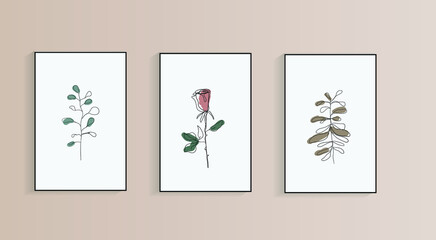 Set of 3 wallpaper painting in boho style. Minimalistic floral illustration  with vector mock up. Rose and leafs for interior decoration of the wall