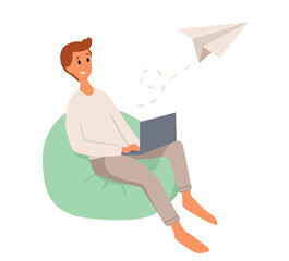 Young smiling man sitting, working with laptop on bean bag. Vector flat style cartoon illustration, isolated, white background. Man communicates using the internet.