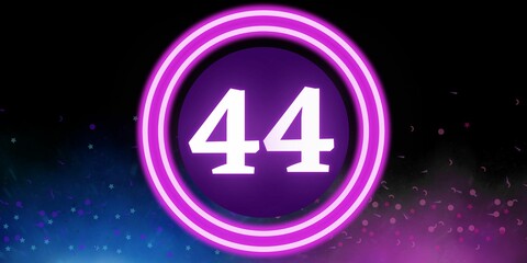 Number 44. Banner with the number forty four on a black background and blue and purple details with a circle purple in the middle