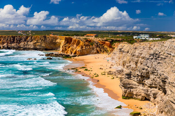 Panorama view of Praia do Tonel (Tonel beach) in Cape Sagres, Algarve, Portugal. Praia Do Tonel,...