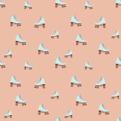 Seamless pattern with blue retro rollers on pink background. Print with extreme sports for kids design, fabric, wallpapers, textile, nursing, paper, books, toys.
