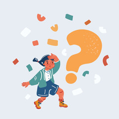 Vector illustration of happy cute little kid girl with big question mark