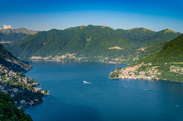 Fototapeta na wymiar Panorama on Lake Como, with Bellagio, Tremezzina and Villa Balbianello, photographed from the Alpe di Cainallo. 