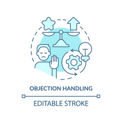 Objection handling turquoise concept icon. Sales process abstract idea thin line illustration. Customer satisfaction. Isolated outline drawing. Editable stroke. Arial, Myriad Pro-Bold fonts used - obrazy, fototapety, plakaty