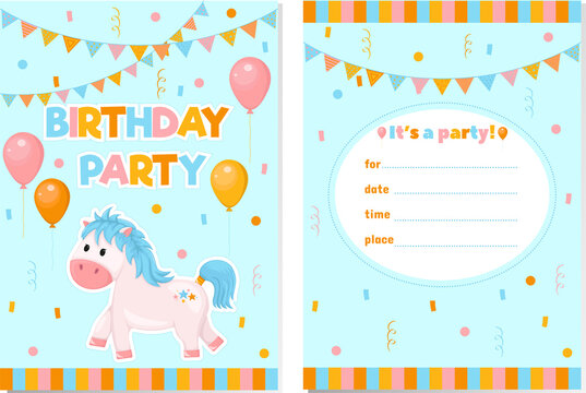 Birthday invitation card with ponies and balls, vector illustration