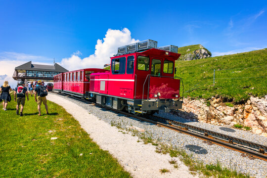 Schafberg Railway, a metre gauge cog railway in Upper Austria and Salzburg, from Sankt Wolfgang im Salzkammergut up to the Schafberg. Austria, Salzkammergut, Schafberg, Schafbergbahn, cog railway.