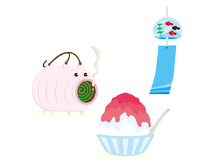 風鈴　かき氷　陶器で作られた豚の形の蚊取線香入れ