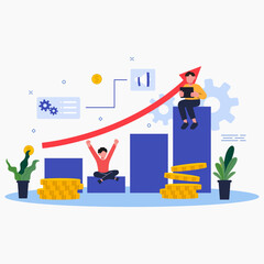 Investor with laptop monitoring growth of dividends. trader sitting on stack of money, investing capital, analyzing profit graphs. vector illustration for finance, stock trading, investment