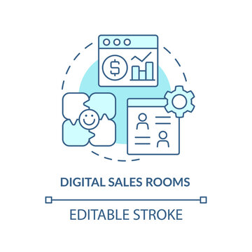 Digital Sales Rooms Turquoise Concept Icon. Selling Tool Abstract Idea Thin Line Illustration. Virtual Channels. Isolated Outline Drawing. Editable Stroke. Arial, Myriad Pro-Bold Fonts Used