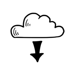 Doodle data server cloud. Hand drawn sketch style cloud, arrow for internet database, digital storage, download technology concept. Vector illustration.