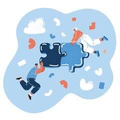 Vector illustration of people flying in the sky with puzzle get together.