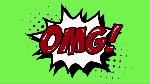 OMG phrase in vintage style for comic superhero text, speech bubble. Retro cartoon pop art animation. Red text, white shapes on green screen.