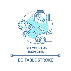 Get your car inspected turquoise concept icon. Technical examination. Road trip abstract idea thin line illustration. Isolated outline drawing. Editable stroke. Arial, Myriad Pro-Bold fonts used