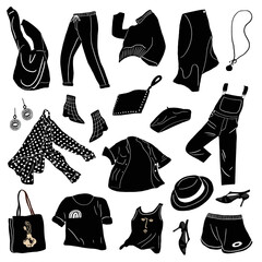 Fashion modern women clothes collection. Casual female garments and accessories. Coat, jumper, shirt, shoes, trousers, bag, shoes flying. Black and white flat vector illustration isolated 