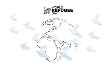 World refugee day background with flying origami bird. Flat style vector illustration. Concept of migrant for web, banner, background, wallpaper, poster or card design.