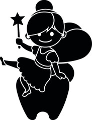 Cartoon Fairy Sitting Apple Fruit Tooth Teeth Wings Wing Sprite Pixie Fairies Black and White Vector Design Illustration