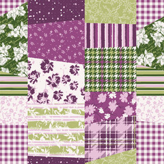 Tartan plaid and floral fabric patchwork abstract vector seamless pattern