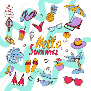 Collection hello summer. Summer set of items and accessories for summer holidays. Swimsuit, ice cream, shilong, cocoa tree, coconut cocktail, pineapple, chewing gum, flip flops, flip flops, life buoy 