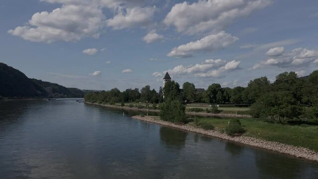 Aerial view over the Rhine River in Germany near Lahnstein