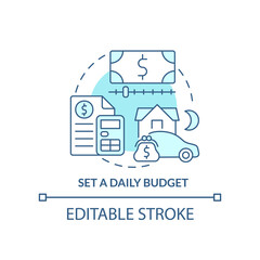 Set daily budget turquoise concept icon. Plan travel expenses. Road trip advice abstract idea thin line illustration. Isolated outline drawing. Editable stroke. Arial, Myriad Pro-Bold fonts used