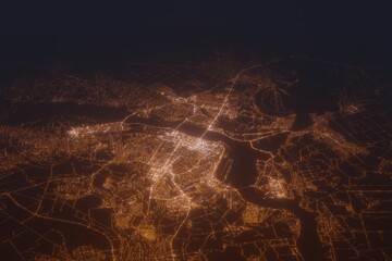 Aerial shot of Dnipro (Ukraine) at night, view from south. Imitation of satellite view on modern city with street lights and glow effect. 3d render