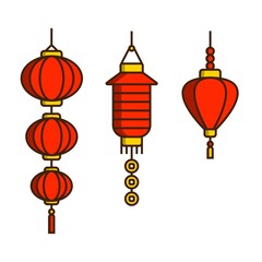 Set of red Chinese New Year lanterns. Traditional red paper lanterns. Linear Chinese New Year laterns icons
