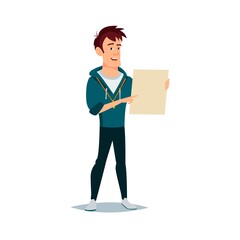 Stock vector handsome fitness coach character holding a blank sheet and pointing by index finger to it template isolated illustration