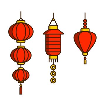 Set of red Chinese New Year lanterns. Traditional red paper lanterns. Linear Chinese New Year laterns icons
