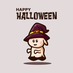happy halloween greeting card with cute ghost wearing witch hat