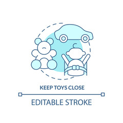 Keep toys close turquoise concept icon. Happy child. Trip with toddlers advice abstract idea thin line illustration. Isolated outline drawing. Editable stroke. Arial, Myriad Pro-Bold fonts used