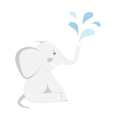 Funny elephant laughing while making  water fountain with the trunk. Vector illustration. Cartoon flat style
