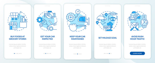 Road trip tips blue onboarding mobile app screen. Car travel walkthrough 5 steps editable graphic instructions with linear concepts. UI, UX, GUI template. Myriad Pro-Bold, Regular fonts used