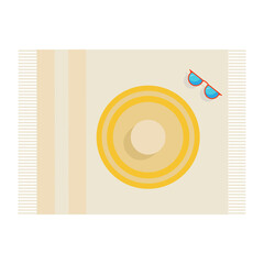 Summer women's hat and sunglasses on a beach towel. Beach stuff. Vector illustration. Flat style