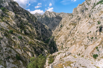 Fototapeta na wymiar Mountains with vegetation and blue sky with some clouds on the Cares hiking route in Asturias.