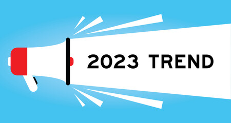 Color megaphone icon with word 2023 trend in white banner on blue background