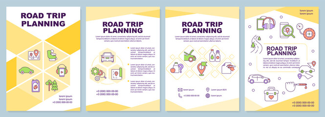 Fototapeta na wymiar Road trip planning brochure template. Car tourism. Leaflet design with linear icons. Editable 4 vector layouts for presentation, annual reports. Arial-Black, Myriad Pro-Regular fonts used
