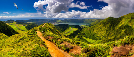View of Sete Cidades near Miradouro da Grota do Inferno viewpoint, Sao Miguel Island, Azores,...
