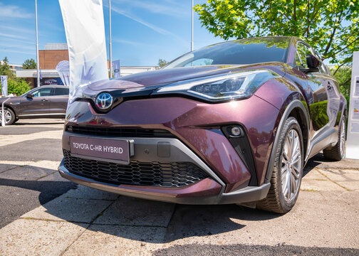 Bucharest, Romania - 05.20.2022: Front view picture with the new Toyota C-HR full Hybrid car.