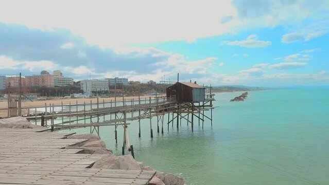 Termoli seafront at sunset in 4k with Trabocco 