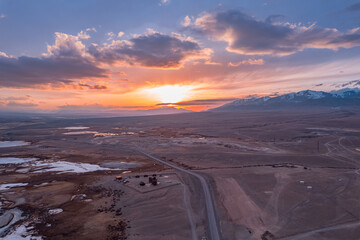 Sunset drone aerial view Beautiful mountains Chuysky tract Altai Siberia Russia Kosh-Agach