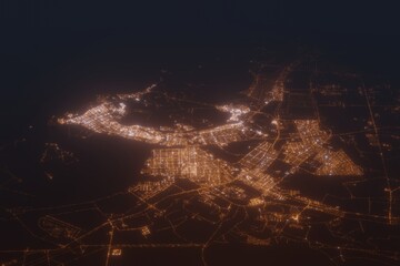 Aerial shot of Abu Dhabi (UAE) at night, view from south. Imitation of satellite view on modern city with street lights and glow effect. 3d render - obrazy, fototapety, plakaty